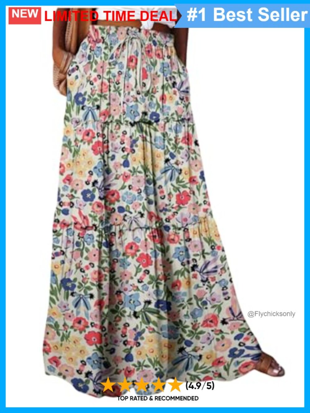 Boho Floral Tiered Maxi Skirt High Waist Flowy with Pockets
